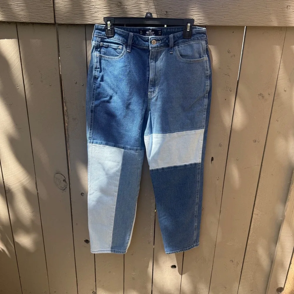 Hollister‎ Jeans 29 Patchwork High Rise Mom Blue Colorblock Ankle Festival Retro